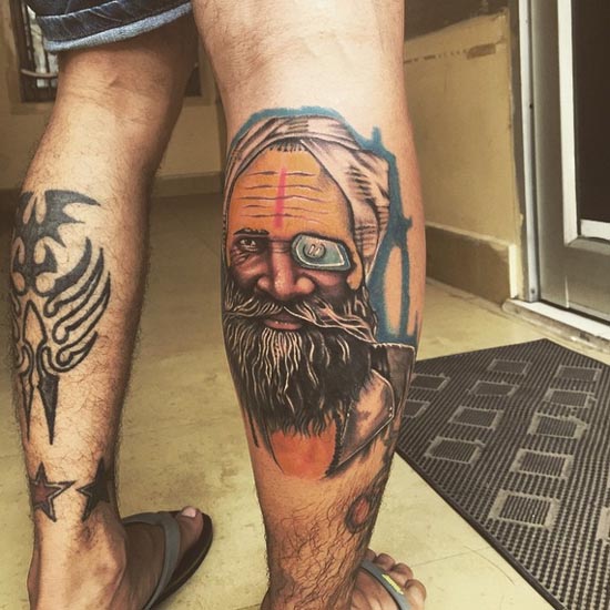 one eyed sadhu baba from rishikesh portrait tattoo design male half calf