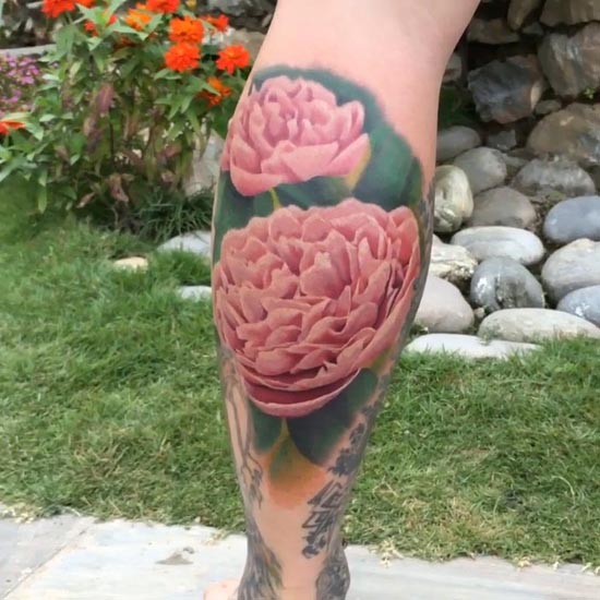 peony flower color tattoo design idea male calf