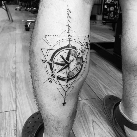 travel hold fast compass tattoo design male calf