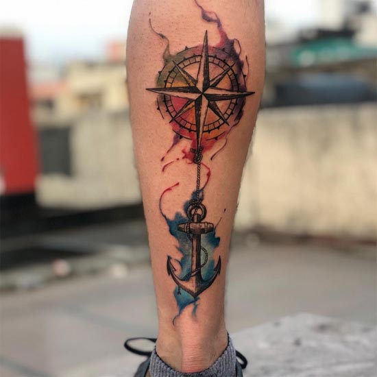 watercolor compass anchor tattoo design man calf vertical