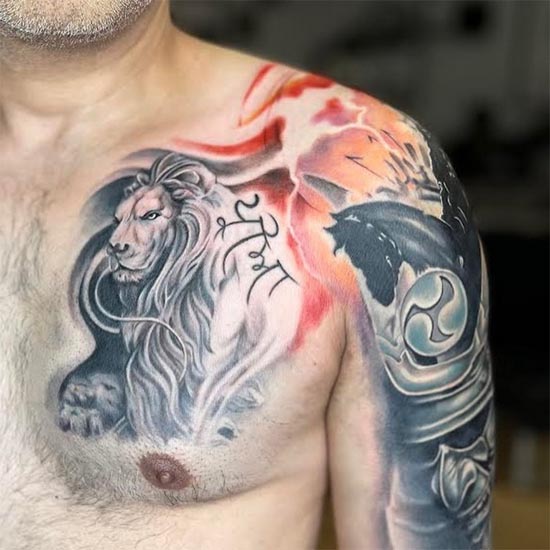 abstract lion tattoo male half chest black and grey