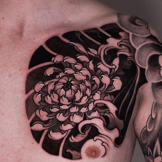 chrysanthemum flower tattoo design male left half chest