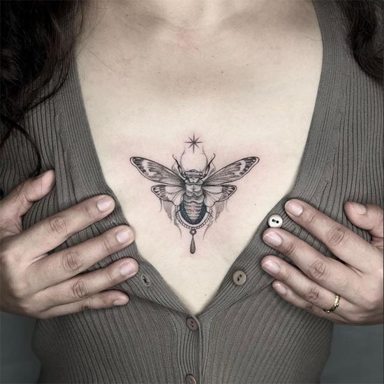 cicada moth tattoo design woman middle chest black and grey