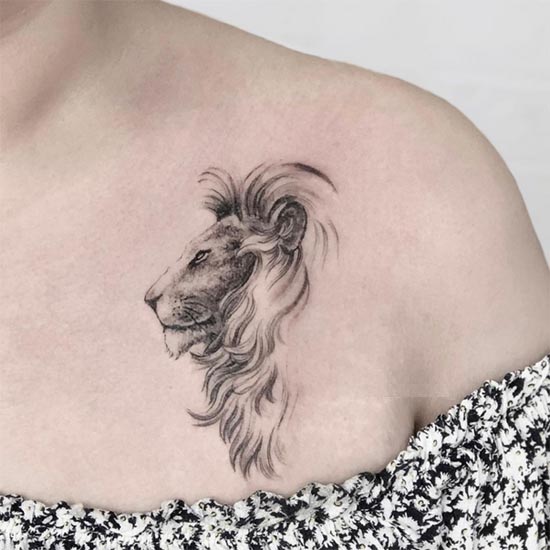 lion side face tattoo minimalist design female chest