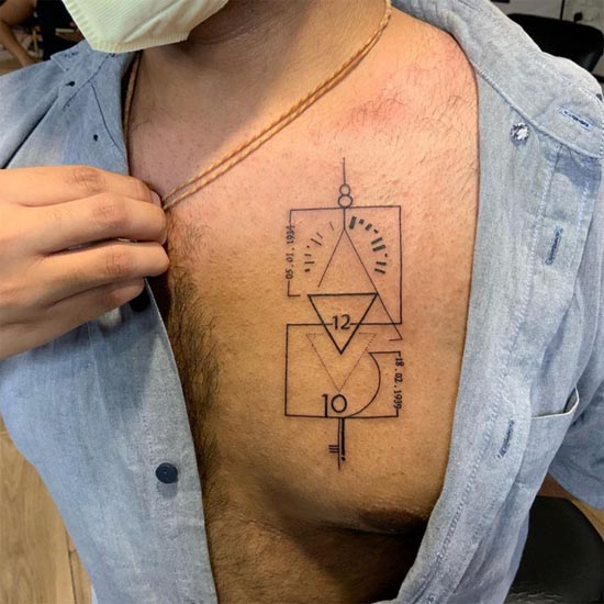 minimalist geometric pattern tattoo fine line man chest