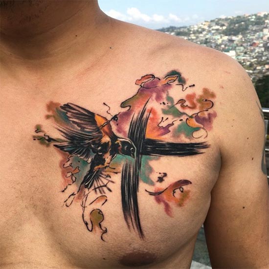 polka trash bird best tattoo design male left chest