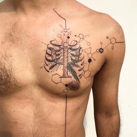 rib cage made of feather unique tattoo geometric fineline man chest