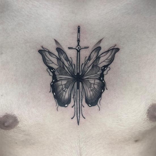 stipple tattoo butterfly sword best tattoo in between chest