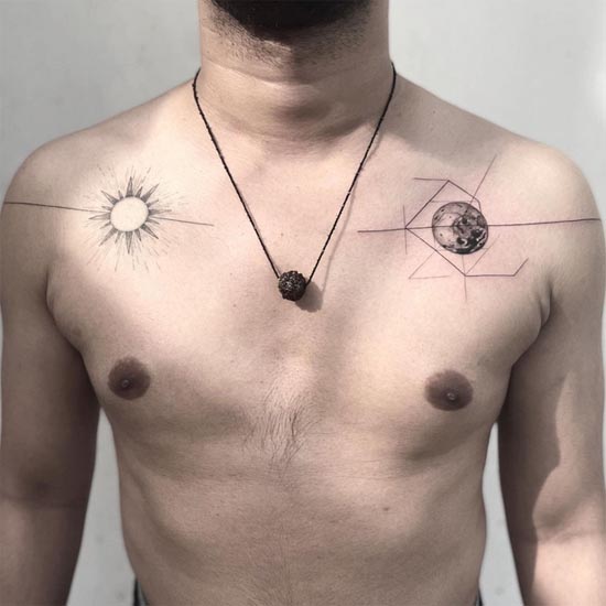 sun moon simple tattoo design man chest