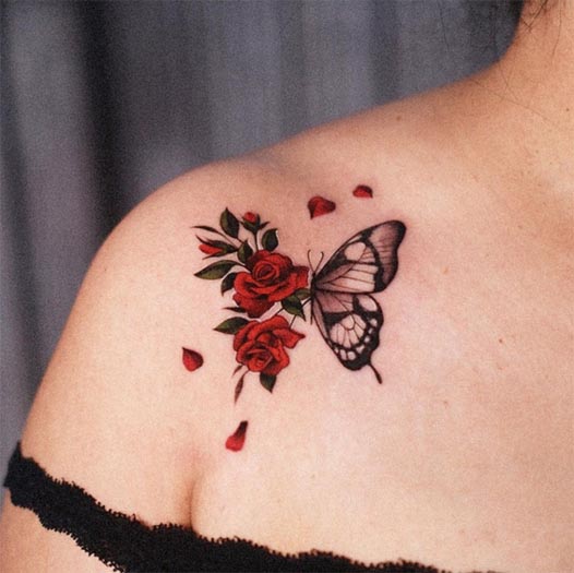 2 red roses butterfly side view heart tattoo design female collarbone