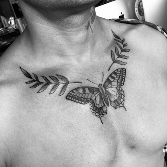 butterfly and leaves tattoo design male double collarbone