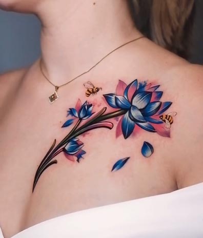 flower with 2 bees unique tattoo design female above collarbone