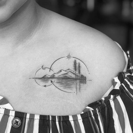 travel nature mountains river tattoo woman collarbone