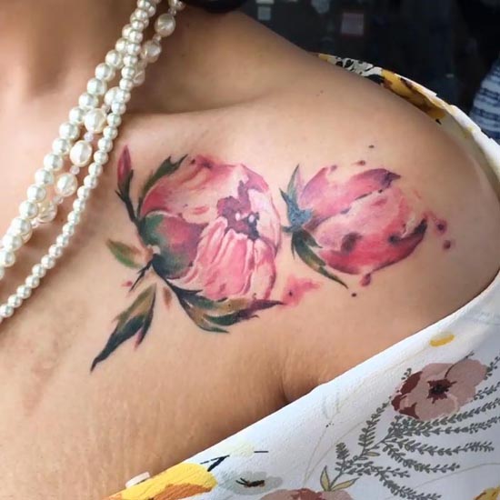 watercolor peony flower unique tattoo girl outer collarbone