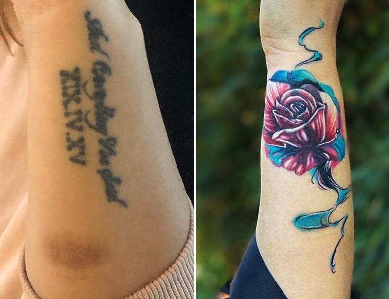 quote cover up tattoo with rose flower forearm
