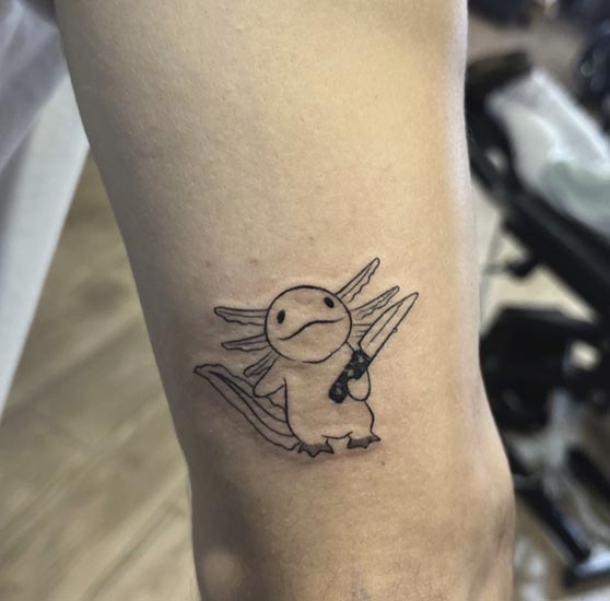 cartoon fine line small simple tattoo design lady back elbow