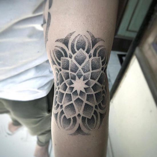 dotwork mandala tattoo design male elbow