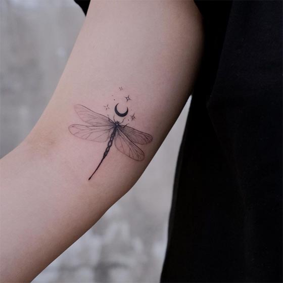 dragonfly moon minimal tattoo girl elbow