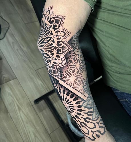 geometric mandala tattoo design boy elbow sleeve