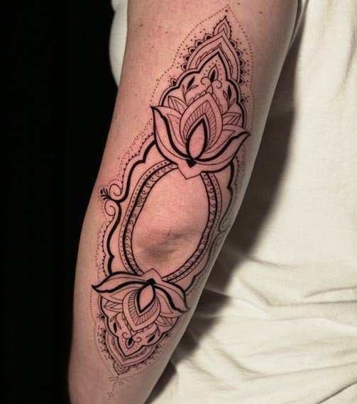 ornamental mandala cool tattoo female around elbow