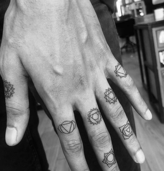 7 chakras line art tattoo design man finger