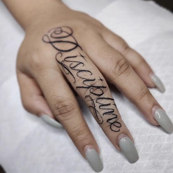 word discipline calligraphy lettering script tattoo girl finger