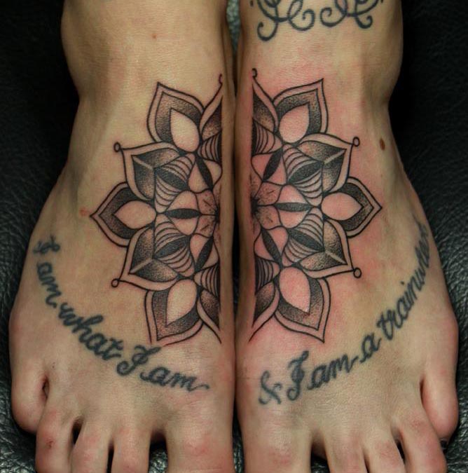 mandala dotwork tattoo geometric pattern girl both foot