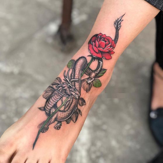 red rose black dragon cute elegant tattoo female foot