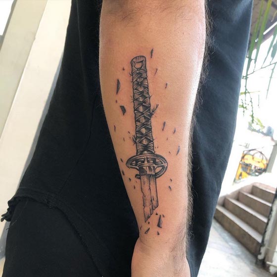 broken katana sword tattoo design guy outer forearm