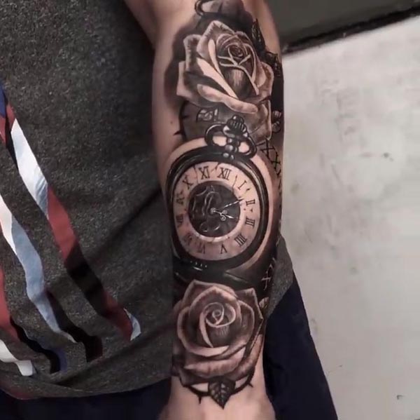 clock 2 roses tattoo guy forearm half sleeve