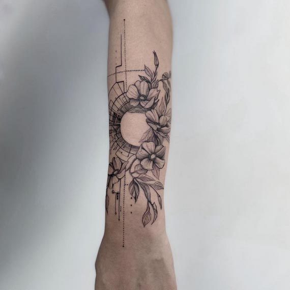 floral cherry blossom geometic unique tattoo fine line male outer forearm