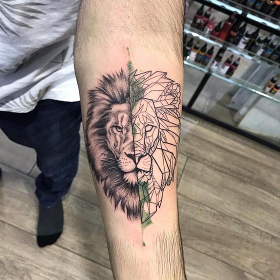 half realistic half geometric linework lion head tattoo guy forearm