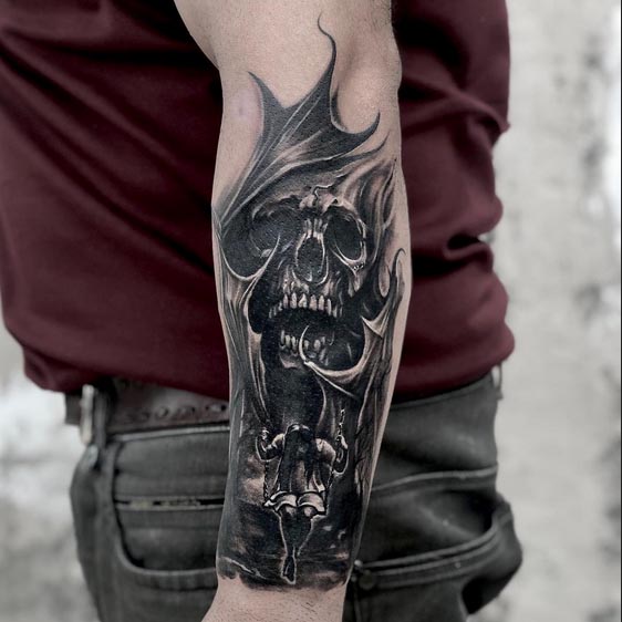 horror theme skull tattoo idea guy left half sleeve