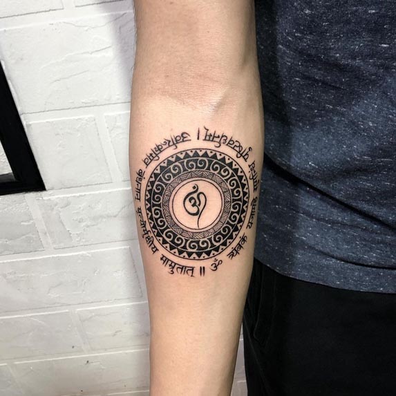 maha mrityunjaya mantra mandala om tattoo male upper forearm