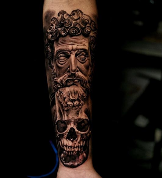 marcus aurelius skull tattoo remembering death male forearm