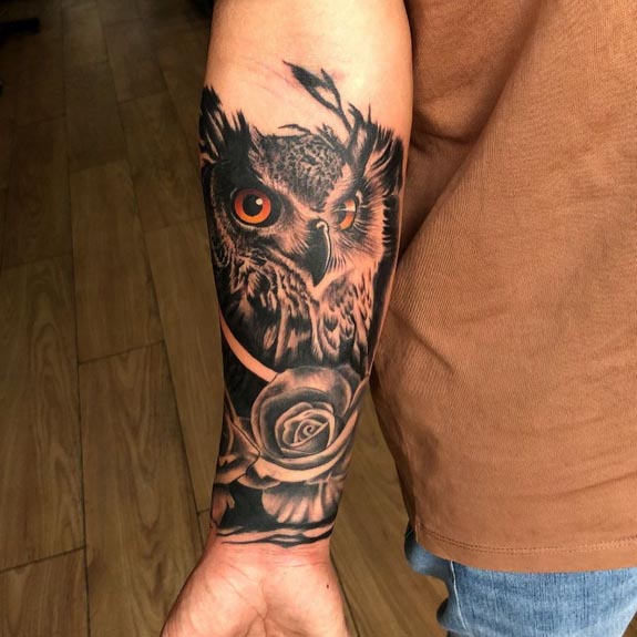 owl rose tattoo male right inner forearm half sleeve