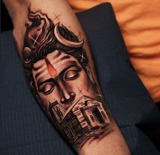 shiva kedarnath temple tattoo design male outer forearm