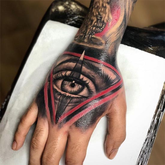 eye triangle color tattoo design male hand