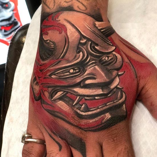 hannya mask color tattoo design man hand