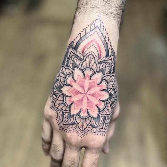 mandala tattoo dotwork black pink male hand wrist