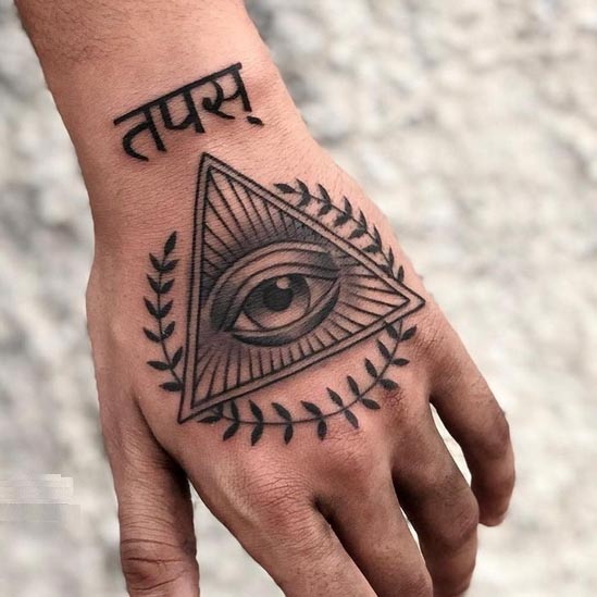 name tapas in hindi font triangle with eye tattoo guy hand