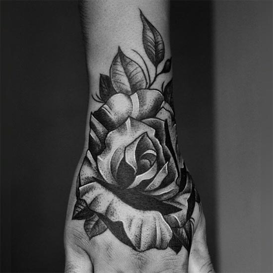 rose flower tattoo dotwork male hand black and grey