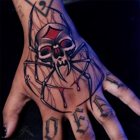 spider skull tattoo design woman hand