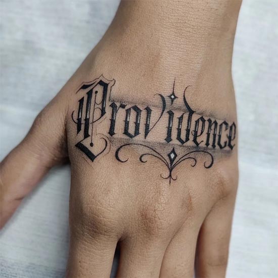 word providence tattoo lettering script calligraphy man hand