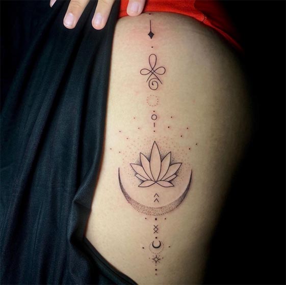 lotus moon tattoo fine line feminine lower hip