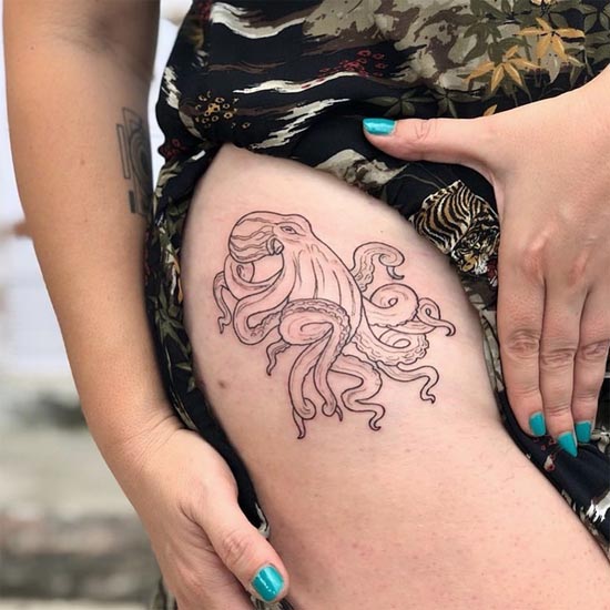 octopus tattoo design girl inner hip black lines