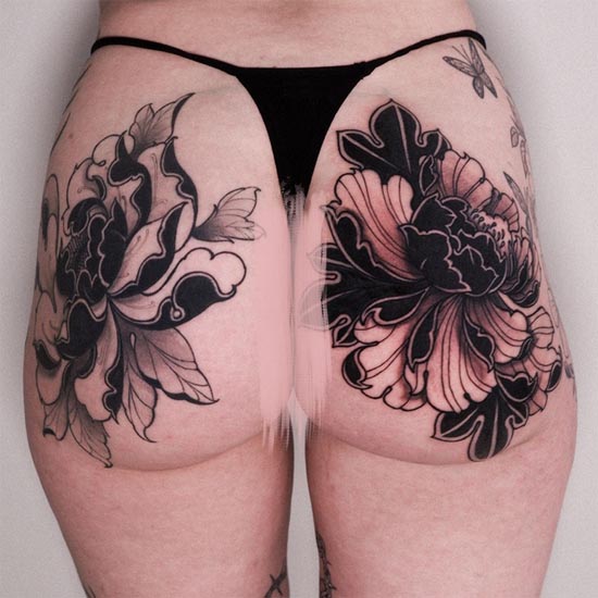 peony flower tattoo design black and grey woman both back hip