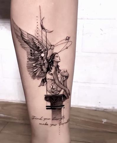 angel sitting on stone tattoo geometric fine line female leg