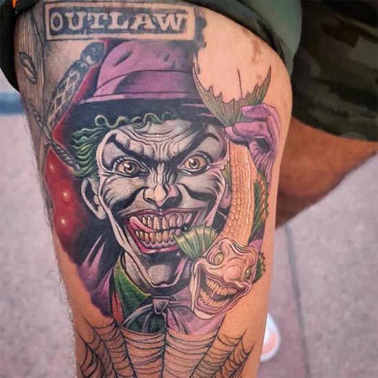 joker tattoo design color male upper leg front thigh