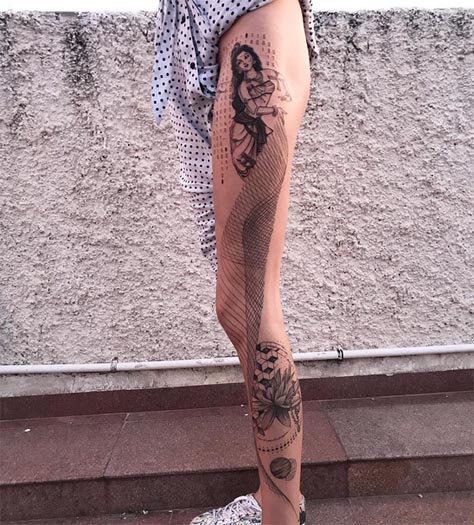 dancing women and lotus flower geometric pattern best tattoo fine line female full leg sleeve